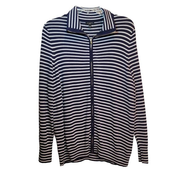 Talbots Womens 2X Striped Cardigan Sweater Navy White Cotton Blend Nautical - Picture 1 of 6